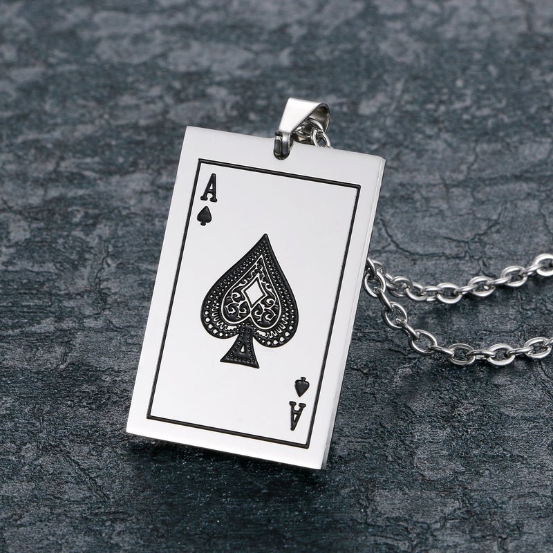 Aroncent 2 Pcs Stainless Steel Ace of Spades Necklace Braided Leather Cool Bracelet Poker Jewerly Set Cool Bracelets Cool Necklace for Men - Image 2